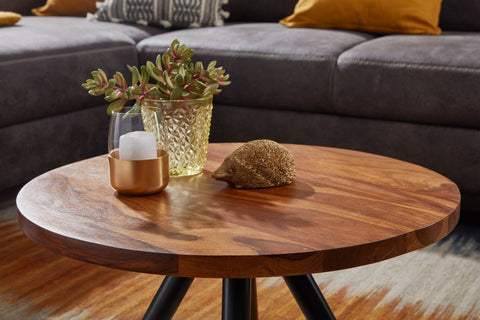 Rootz Modern Design Coffee Table - Round Table - Solid Wood - Metal Frame - Handcrafted - Protective Varnish - Anti-Slip Nubs - Sheesham Wood - 60cm x 60cm x 35cm