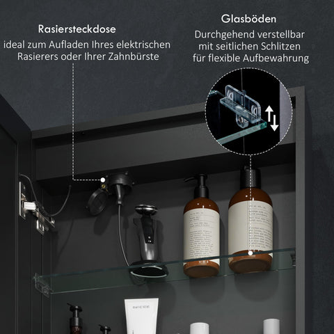 Rootz Mirror Cabinet - Bathroom Cabinet - LED Storage Unit - Dimmable Lighting - Space Optimization - 50cm x 12.8cm x 70cm - Black