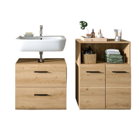 Rootz 3-Piece Bathroom Set - Vanity Unit - Mirror Cabinet - Brown - Easy-Care Surfaces - 135x185x30cm