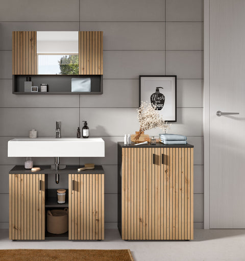 Rootz 3-Piece Bathroom Set - Vanity Unit - Mirror Cabinet - Storage Solution - 155x180x30 cm - Grey and Brown Replica