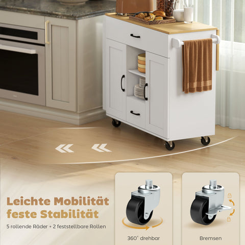 Rootz Rolling Kitchen Island - Mobile Cart - Fold-Out Work Surface - Storage Cabinet - Soft Close Doors - Spacious & Organized - White, 115x70x89 cm