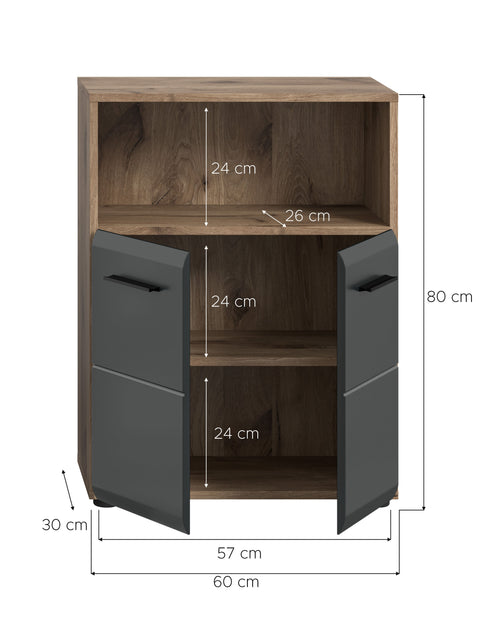 Rootz Wide Standing Cabinet - Storage Cupboard - Black and Brown - Scandinavian Style - 60x80x30cm