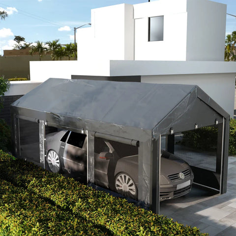 Rootz Carport & Party Tent - Height Adjustable - 4 Windows & Doors - Metal Frame - Galvanized Steel - Dark Gray - 3 x 6m