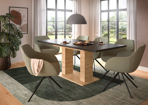 Rootz Extendable Dining Table - Brown and Grey Imitation - Space-Saving - 150-190x76x80 cm - Double Column Base - Easy to Clean
