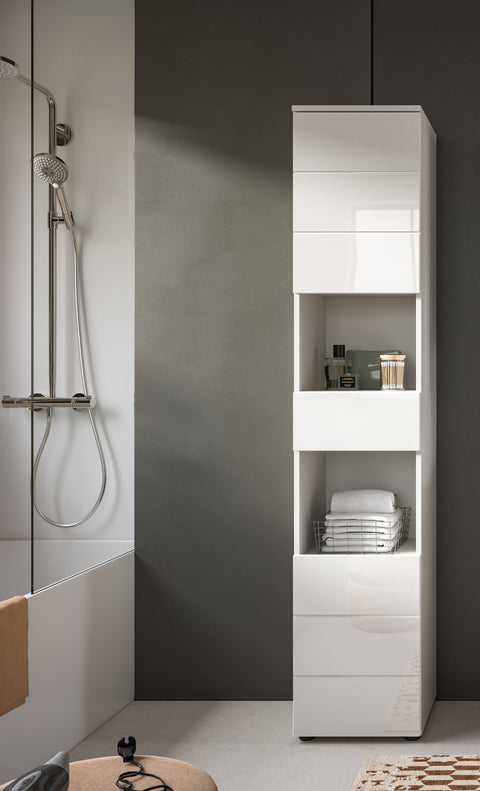 Rootz Tall Cabinet - Bathroom Storage Unit - High-Gloss White Cupboard - Maximum Storage - 38x190x34 cm