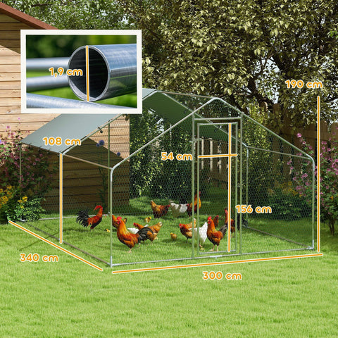 Rootz Large Chicken Enclosure - Metal Bird Cage - Poultry Run - UV & Water Resistant - 300cm x 340cm x 190cm