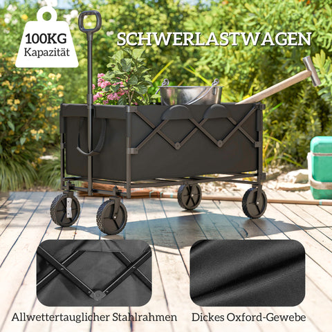 Rootz Foldable Garden Car - Transport Trolley - Heavy Duty Cart - Supports 100kg - 95cm x 55cm x 102cm - Black