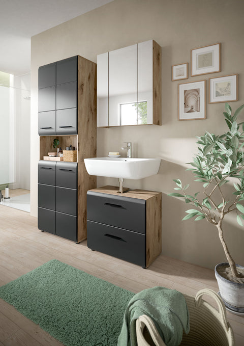 Rootz 3-Piece Bathroom Set - Vanity Unit - Mirror Cabinet - Modern Style - Easy Care - 135x185x30 cm - Black and Brown