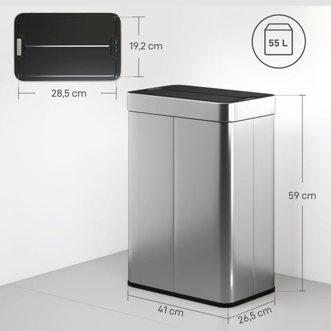 Rootz Sensor Bin 55L - Automatic Trash Can - Touchless Garbage Bin - Hygienic Waste Disposal - 41x26.5x59 cm - Stainless Steel Silver Black
