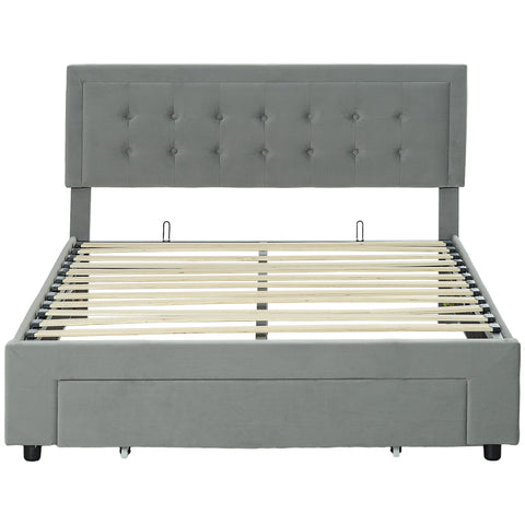 Rootz Double Bed Frame - Velvet Upholstered Bed - Adjustable Headboard - Storage Drawer - Hydraulic Slats - 145cm x 203.5cm x 95-104cm
