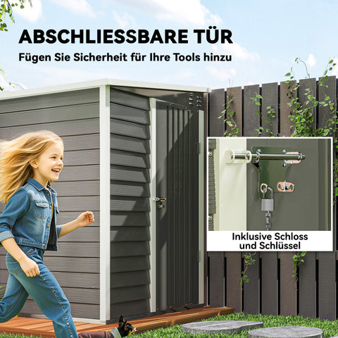 Rootz Metal Garden Shed - Storage Shed - Equipment House - Lockable Door - 142 x 184 x 165/181 cm - Grey