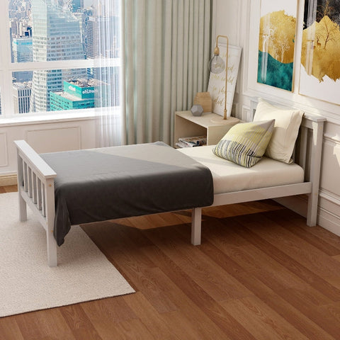Rootz White Single Bed - Minimalist Bed Frame - Elegant Pine Bed - Durable Design - 208L x 96W x 82H cm