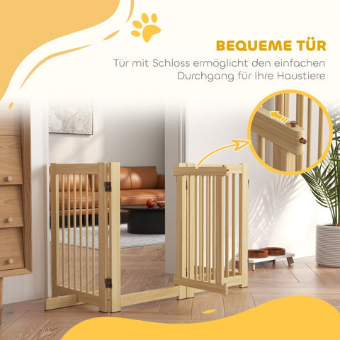 Rootz Wooden Dog Gate with Door - Pet Barrier - Folding Panels - Solid Pine Wood - 204cm x 36cm x 75cm