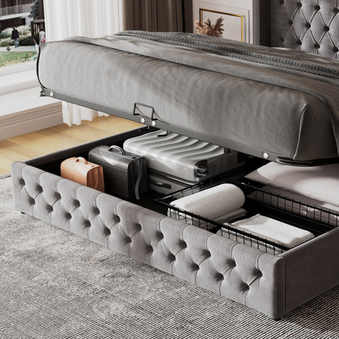 Rootz Upholstered Bed with Hydraulic Storage - Chesterfield Bed - Velvet Bed - Max Storage - 209cm x 149.5cm x 94.5cm - Gray