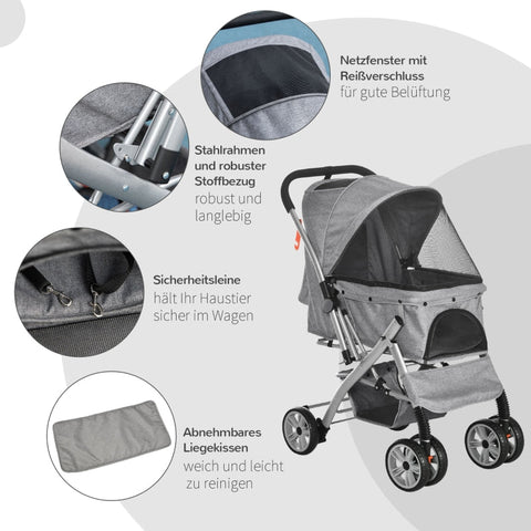 Rootz Dog Stroller - Pet Travel Carrier - Portable Pet Stroller - Folding Storage Basket - Mesh Window - Handbrake - 77cm x 50cm x 99cm - Steel & Oxford Fabric - Gray