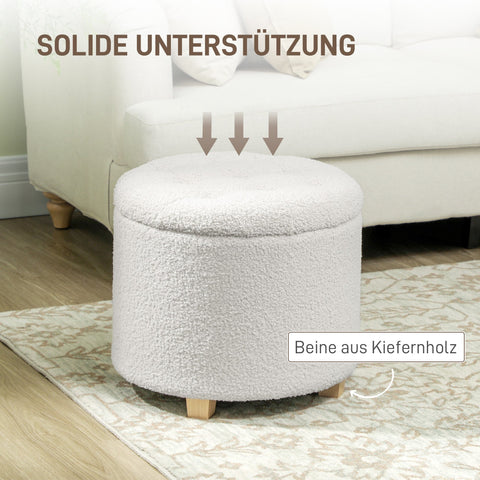 Rootz Sitting Stool with Storage Space - Ottoman - Storage Box - 40.5L Hidden Storage - Ø45 x 41H cm - White - Wooden Legs
