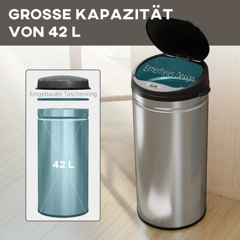 Rootz Sensor Waste Bucket - Touch-Free Trash Bin - Soft-Close Lid - Hygienic Kitchen Essential - 42L - Stainless Steel - 30.5cm x 30.68cm