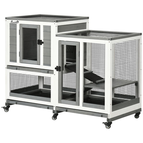 Rootz Multi-Level Bunny Hutch - Rabbit Cage - Rodent Shelter - Easy-to-Move on Rollers - 110l x 50b x 86h cm - Grey and White