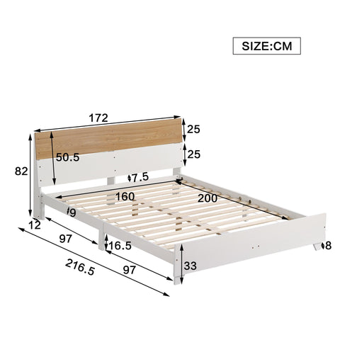 Rootz Double Bed with Headboard - Modern Bed - Sturdy Frame - Optimal Stability - 216.5cm x 172cm x 82cm - White + Natural