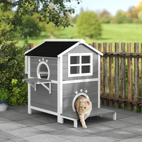 Rootz Outdoor Cat House - Weatherproof Shelter - Kitty Condo - 2 Levels - Removable Floor - 66cm x 66cm x 90cm - Grey White