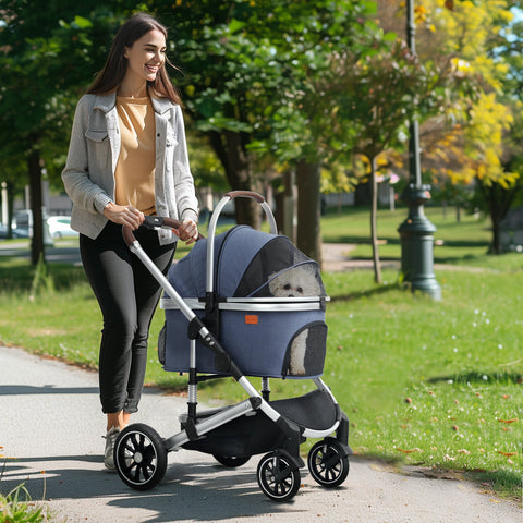 Rootz 3 in 1 Dog Buggy - Pet Car Seat - Foldable Carrier - Lightweight Design - 83cm x 61cm x 103cm, Blue, Silver