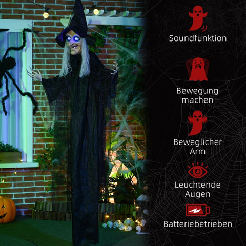 Rootz Halloween Witch Decoration - Spooky Witch Prop - Motion Sensor Activated - LED Eyes - Adjustable Arms - 130cm x 18cm x 183cm - Polyester, PE, Steel