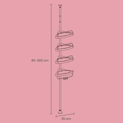 Rootz Telescopic Shower Shelf - Bathroom Organizer - No-Drill Storage - Adjustable Height - 85cm to 305cm - Steel & PP - 25cm x 25cm x 35cm