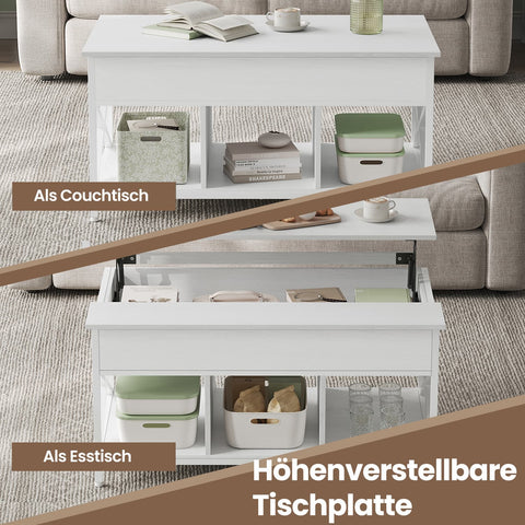 Rootz Coffee Table - Height-Adjustable Table Top - Snow White - Space-Saver - 60 x 100 x (48-62) cm