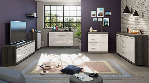 Rootz Sideboard Scout - Wood Material - White High-Gloss Deep-Drawn Front - Smoke Silver Imitation - 165cm x 85cm x 37cm - FSC Certified