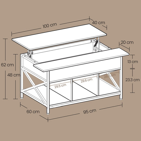 Rootz Coffee Table - Height-Adjustable Table Top - Wooden Chipboard Table - Steel Frame - 60cm x 100cm x (48-62)cm