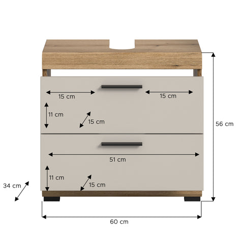Rootz Vanity Unit - Bathroom Cabinet - Storage Solution - Easy-Care MDF - 60x56x34cm - Evoak Oak & Cashmere Finish