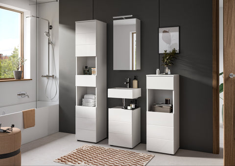 Rootz Freestanding Cabinet - Bathroom Storage Unit - White Gloss Cupboard - Sleek Design - 38x106x34 cm