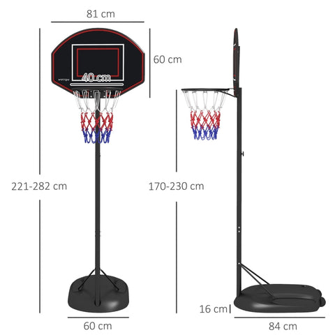 Rootz Basketball Stand - Adjustable Height Hoop - Heavy Duty Steel Frame - Mobile Basketball System - 1.7m to 2.3m Basket Height - 83cm x 2cm x 60cm Back Panel - Black