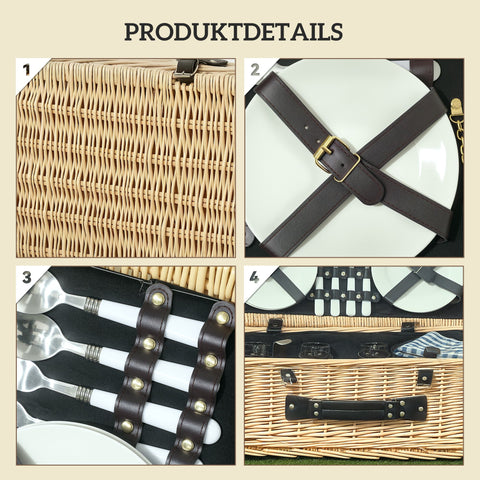 Rootz Picnic Basket - Picnic Case - Willow Basket - Insulated Cooling - 54cm x 34cm x 20cm - Brown Finish for 4 People