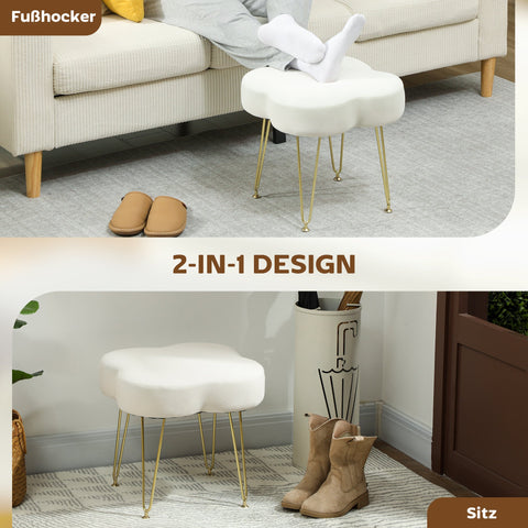 Rootz Upholstered Cloverleaf Shape Stool - Footstool, Ottoman - Velvet Comfort - Steel Legs - 41x41x40cm - White