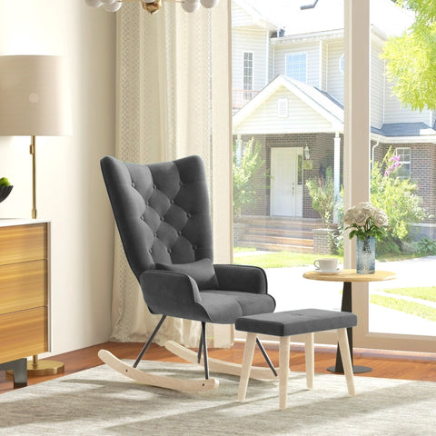 Rootz Lounge Chair and Stool Set - Modern Armchair - Upholstered Recliner - Velvet Padding - Rubber Wood Legs - Dark Gray - 66cm x 96cm x 101cm