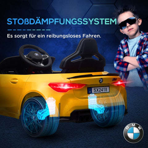 Rootz BMW M4 Electric Car for Kids - Ride On Toy - Battery Powered - 12V - 3-5km/h - Licensed - Remote Control - Working Lights - Music - Yellow - 108L x 69.5W x 51H cm