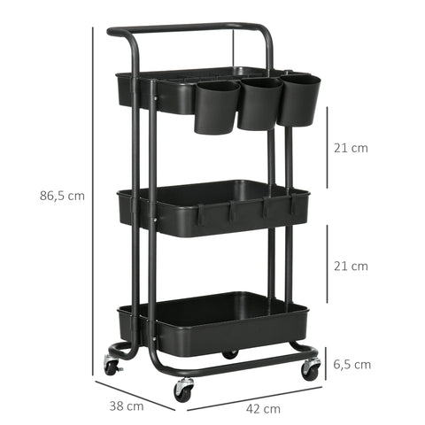 Rootz 3 Tier Trolley Storage Baskets - Organizer Cart - Mobile Storage - Compact Design - 42cm x 38cm x 86.5cm