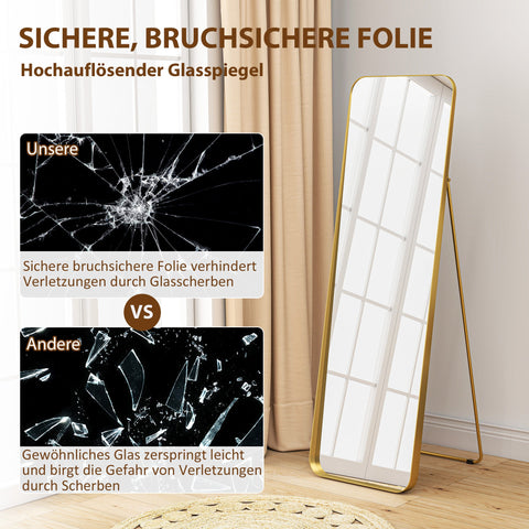 Rootz Full Body Mirror - Free-Standing - Tiltable Metal Frame - Elegant Gold - 160 x 50 cm - Full-View Design