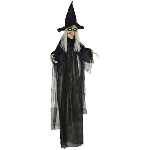 Rootz Halloween Witch Decoration - Spooky Witch Prop - Motion Sensor Activated - LED Eyes - Adjustable Arms - 130cm x 18cm x 183cm - Polyester, PE, Steel