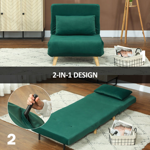 Rootz Folding Armchair with Bed Function - Recliner Chair - Green Velvet Chair - Supports 120kg - 72cm x 78cm x 79cm