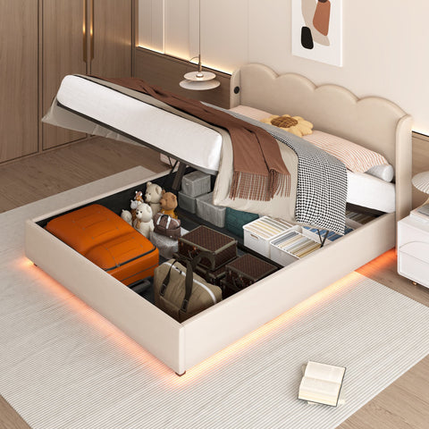 Rootz Double Bed with Wavy Headboard - Upholstered Bed - Velvet Bed - LED Lights & Storage - 205L x 168B x 96H cm - Brown