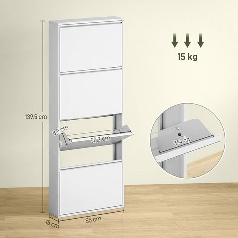 Rootz Narrow Metal Shoe Cabinet - Slim Shoe Rack - Entryway Organizer - Space-Saving, Stores 8 Pairs, White, 55x15x139.5cm