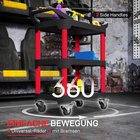 Rootz Black 3-Level Tool Cart - Utility Trolley - Rolling Workbench - Easy Mobility - 81cm x 43cm x 96cm