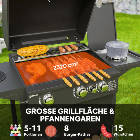 Rootz Gas Grill 9.5 kW - Outdoor BBQ - Griddle - 4 Burners, Side Cooker, Integrated Thermometer - 123 x 57 x 98 cm - Black
