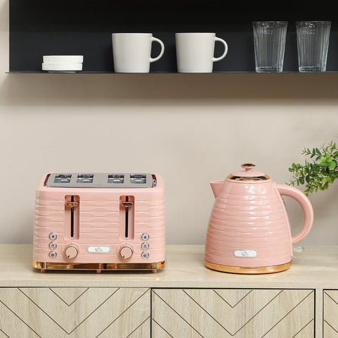 Rootz Pink 2-in-1 Toaster and Kettle Set - Multifunction Kitchen Combo - Elegant Pebble Design - Seven Browning Levels - 24.1x19.5x23.2cm