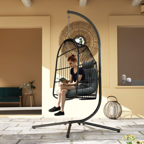 Rootz Hanging Chair Hanging Basket - Swing Chair - Egg Chair - Ergonomic Comfort - 74L x 68W x 105H cm - Grey and Black