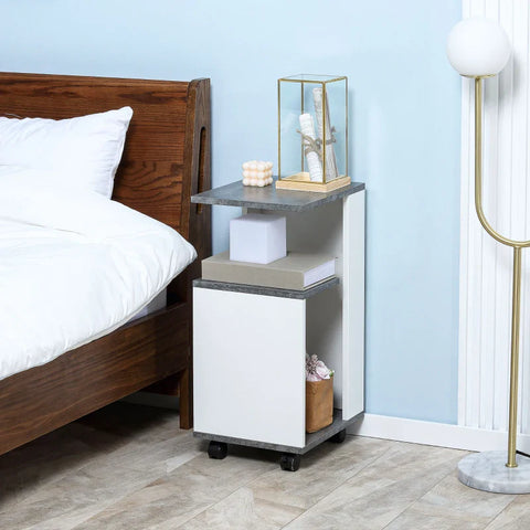 Rootz Nightstands - Bedside Cabinet - 4 Wheels - Modern Design - 3 Shelves - Chipboard - Grey - White - 35 X 29.5 X 65.5 Cm