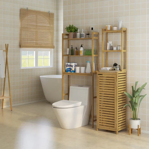 Rootz Bathroom Shelf - Toilet Shelf - 3 Shelves - 1 Cabinet - Water Resistant - Bamboo - Natural - 38.5 cm x 33 cm x 170 cm