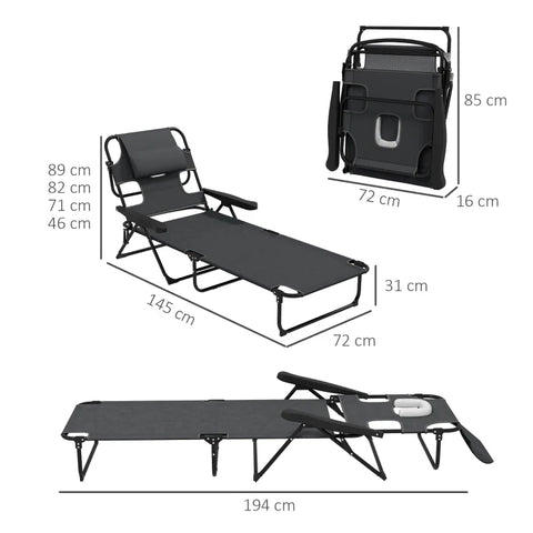 Rootz Garden Lounger - Sun Lounger - Relax Lounger - Foldable - Weather Resistant - Metal Frame - Waterproof - Mesh Fabric-polyester - Dark Gray - 194cm x 72cm x 89cm
